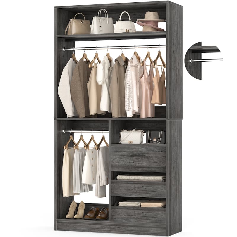Qvella 72"-108" Closet System with Drawers and Hanging Rods,Freestanding Walk-in Closet Organizer System Wardrobe Closet Tower