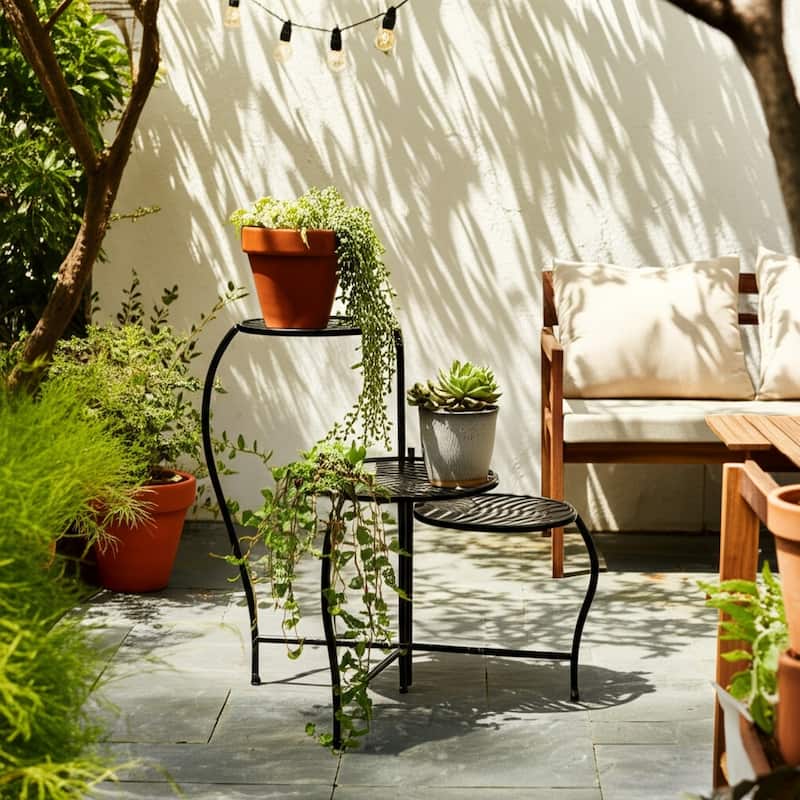 Iron and Metal Leaf Cutout Design 3-Tier Plant Stand - 22" Black - 10" x 10" x 22"