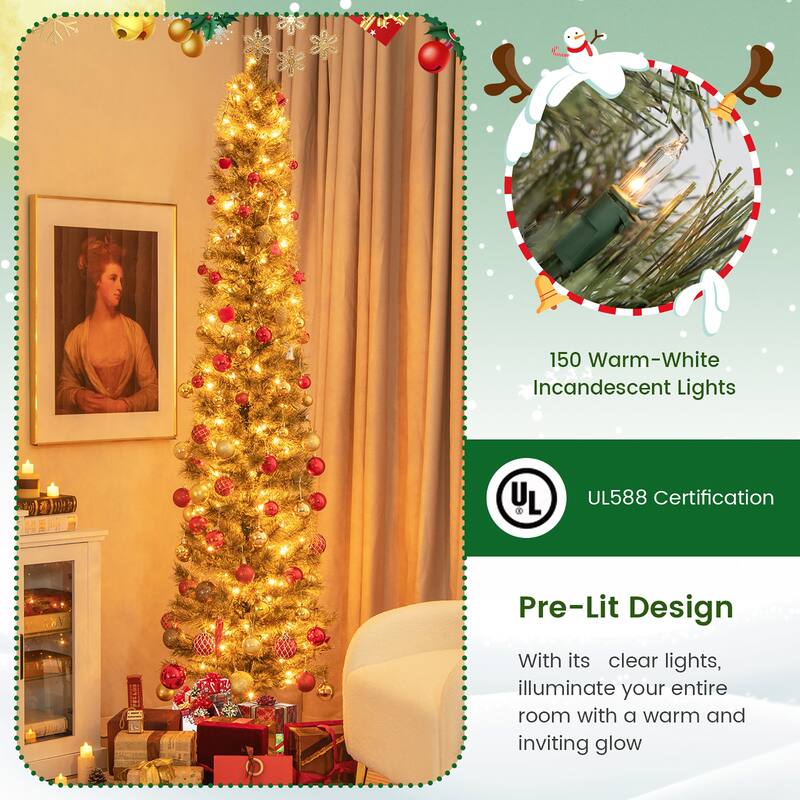 Gymax 6/7 FT Pre-Lit Artificial Christmas Tree Slime Pencil Christmas