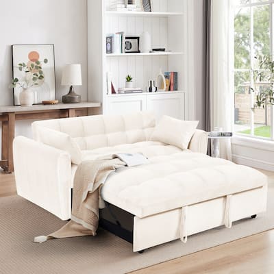 65" Foldable 3-in-1 Velvet Sofa Bed with Adjustable Back, Storage Bag and Pillow (Beige)