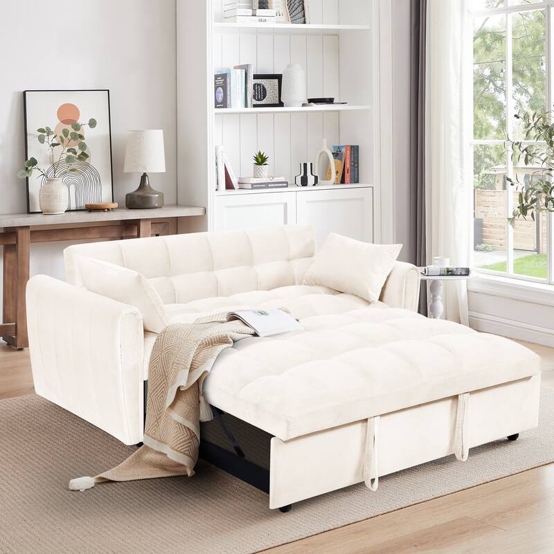 Sleeper Sofa Bed, 3-in-1 Velvet Pull Out Couch with Armrests, Storage Bag and 2 Pillows, Adjustable Backrest, Sofa Bed Couch - Beige