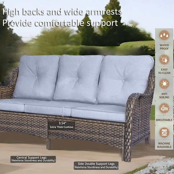 dimension image slide 0 of 4, High Back Brown Wicker Outdoor Patio Conversation Sets with Swivel Chairs