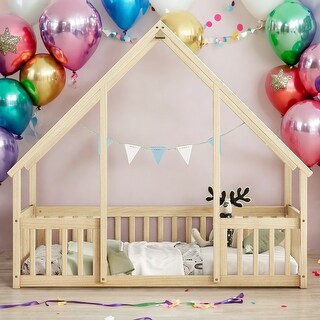 Twin Size Wood House-Shaped Floor Bed with Fence and Guardrails, Natural