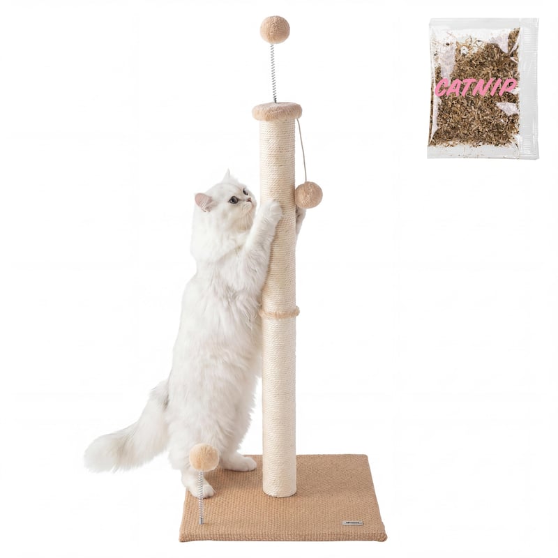 Rylie Farmhouse Sisal Pillar Cat Scratching Post with Fuzzy Toys and ...
