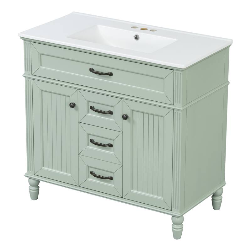 36 Inch Bathroom Vanity with Sink Combo,Freestanding Cabinet with Ceramic Basin, Flip-Out Top Drawer, Soft Close Doors