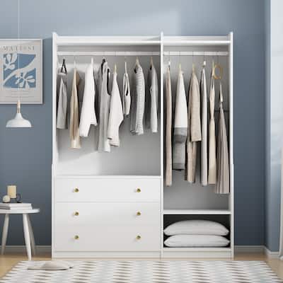 Open Wooden Wardrobe Closet with Hanging Rods for Hanging Clothes, Armoires Clothes Organizer with 3 Drawers & Shelves, White