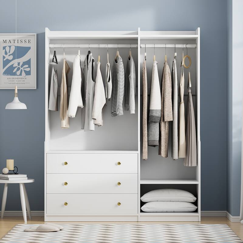 Wooden Open Wardrobe Storage Clothes Storage Cabinet with Dual Hanging Rods and Five Shelves Armoire for Bedroom