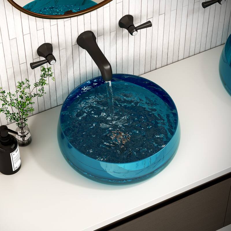 Transparent Resin Vessel Bathroom Sink Included Pop-up Drain and Drain Hose, Modern Above Counter Wash Basin with Center Drain - Lagoon Blue (Resin) - 17.72 x 17.72 x 5.51