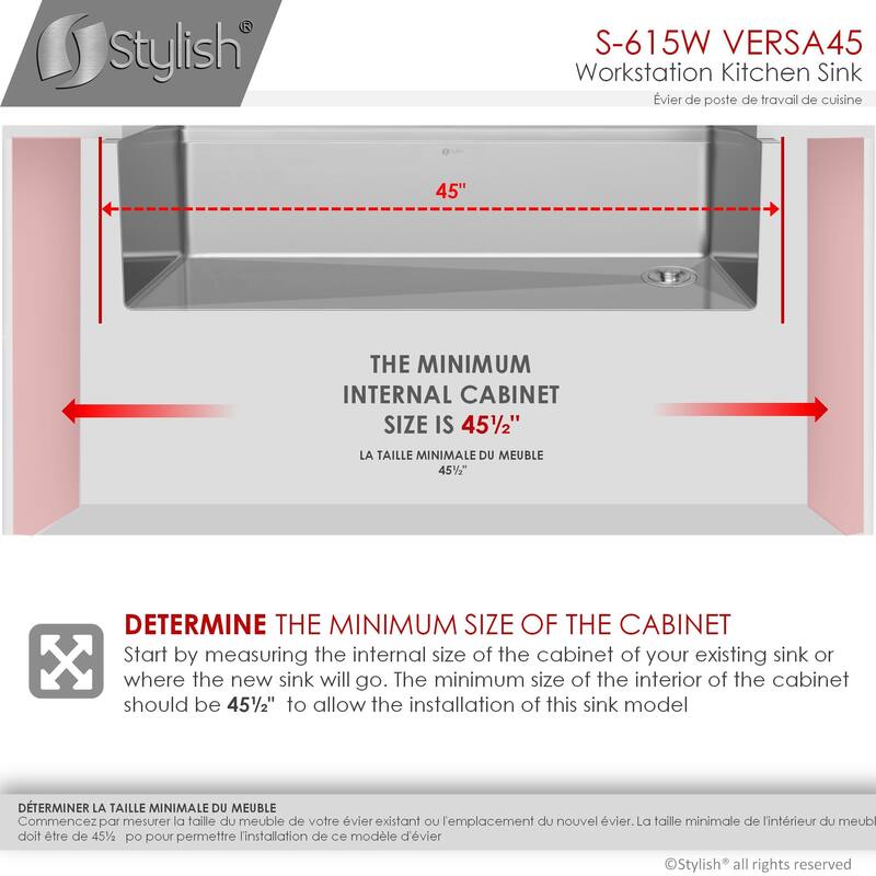 STYLISH 45 inches Ledge Workstation Single Bowl Undermount 16 Gauge Stainless Steel Kitchen Sink with Built in Accessories