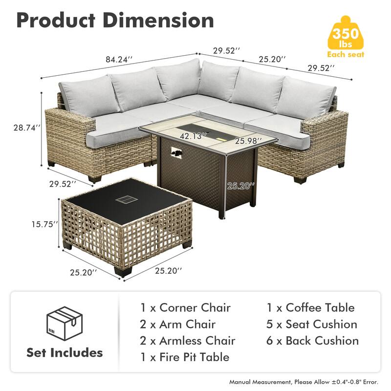 XIZZI 7 Pieces Patio Furniture Wicker Sectional Sofa Set with Fire Pit Table