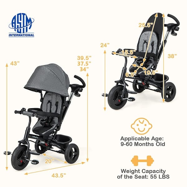 dimension image slide 1 of 3, Gymax 4-in-1 Baby Tricycle Toddler Trike w/ Reversible Seat Canopy &