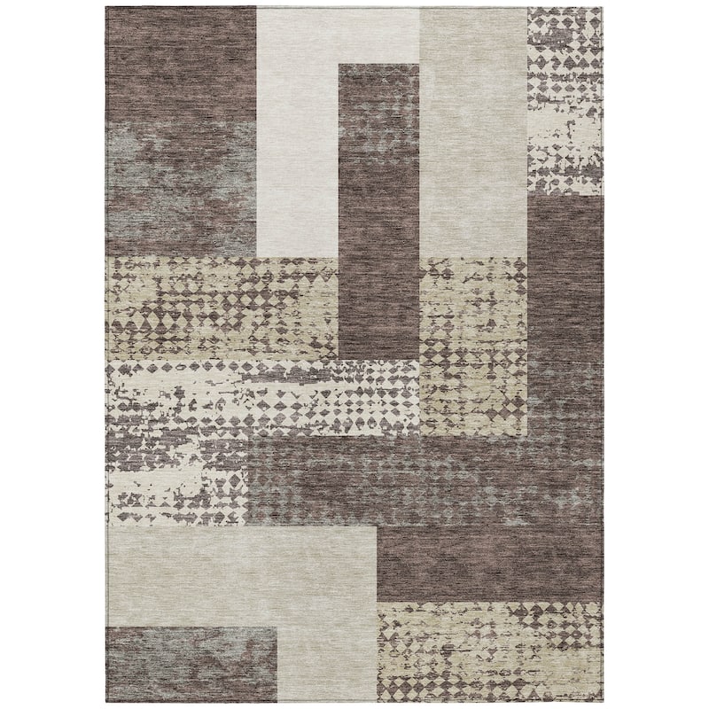 Machine Washable Indoor/ Outdoor Modern Blocks Chantille Rug