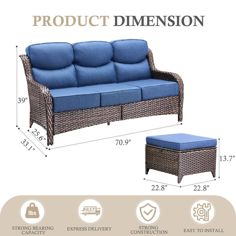 Arcadia 3-Seat Wicker Patio Sofa with 6-Inch Thick Cushions and 2 Ottomans