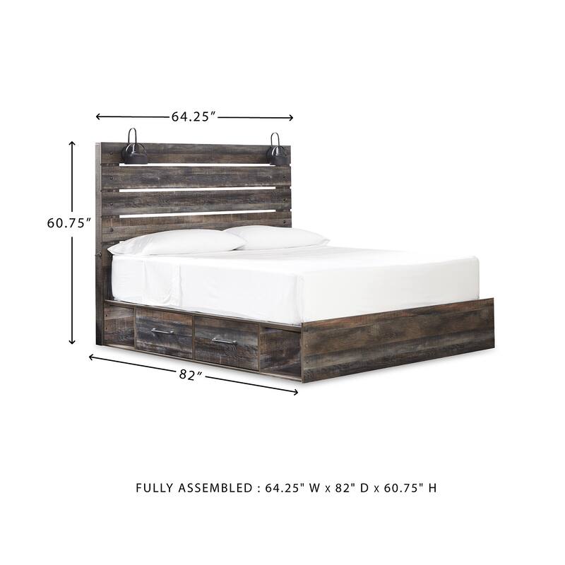 Drystan Rustic Brown Panel Bed with 2 Under Bed Storage Drawers