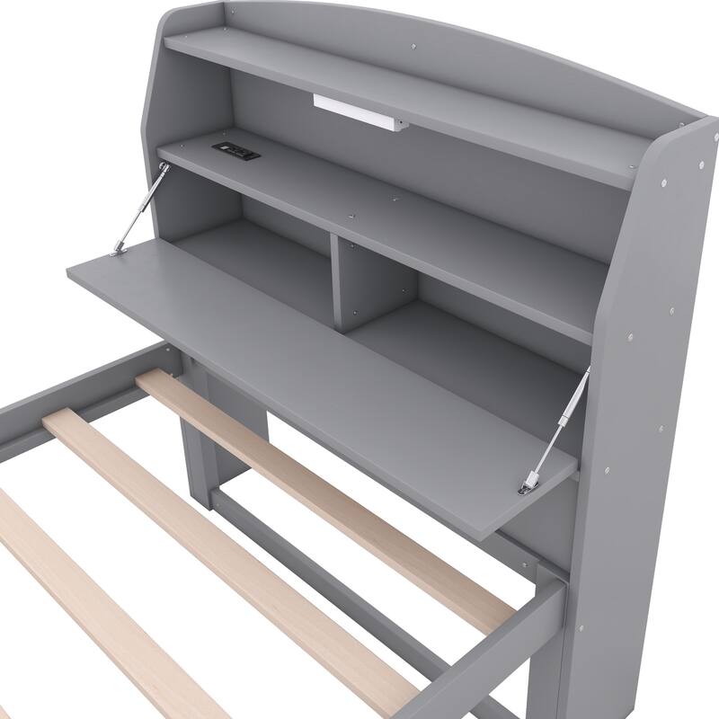 Twin Size Wooden LED Bed with Trundle and Storage Headboard