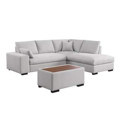 Eri 100 Inch Sectional Sofa, Right Chaise, Ottoman, Pillows, Light Gray