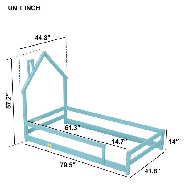 dimension image slide 4 of 6, Twin Size Montessori Floor Bed with Fences, Wood Twin Kids Bed Frame