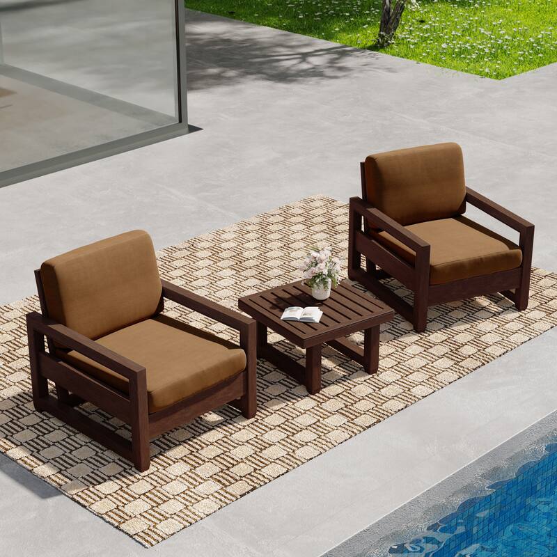 3-Piece Teak Wood Chair Outdoor Patio Conversation Set with Table