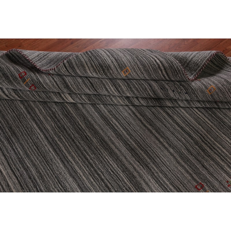 Hand Knotted Oriental 100% Wool Carpet Tribal Stripe Greys & Charcoal Gabbeh Area Rug - 9' 7'' X 8' 1''