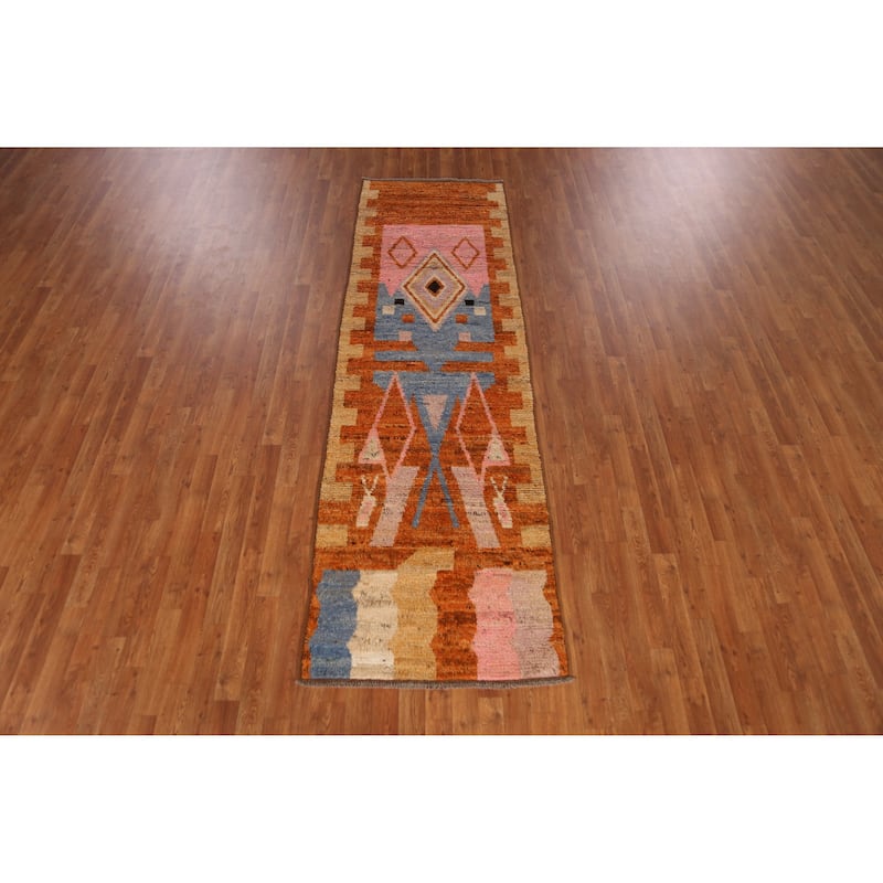 Geometric Orange Moroccan Runner Rug Handmade Wool Carpet - 2'10" x 9'8"