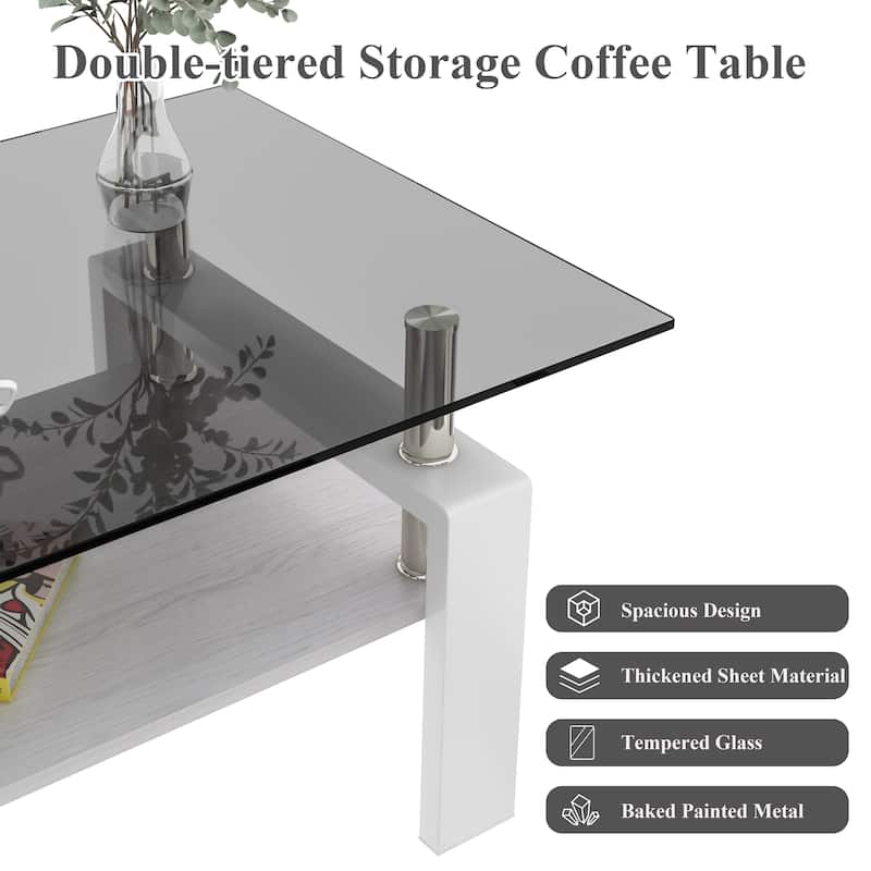 Rectangle Coffee Table, Tempered Glass Tabletop with MDF Layer, Modern Table for Living Room