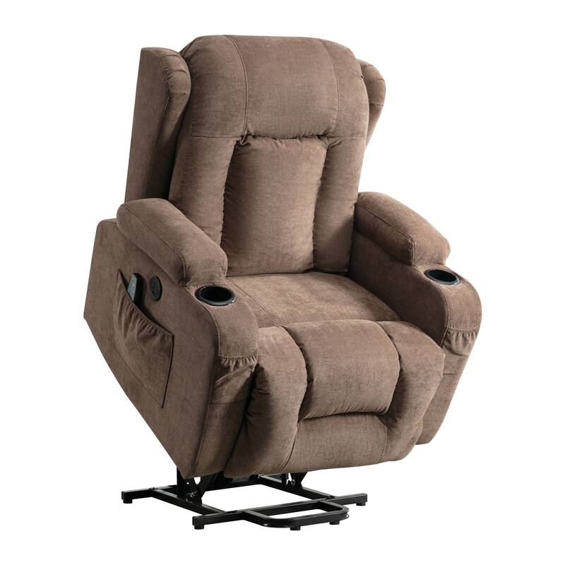 Brown Power Lift Recliner with Heat, Massage, USB Port, Side Pocket Storage, and Adjustable Recline for the Elderly