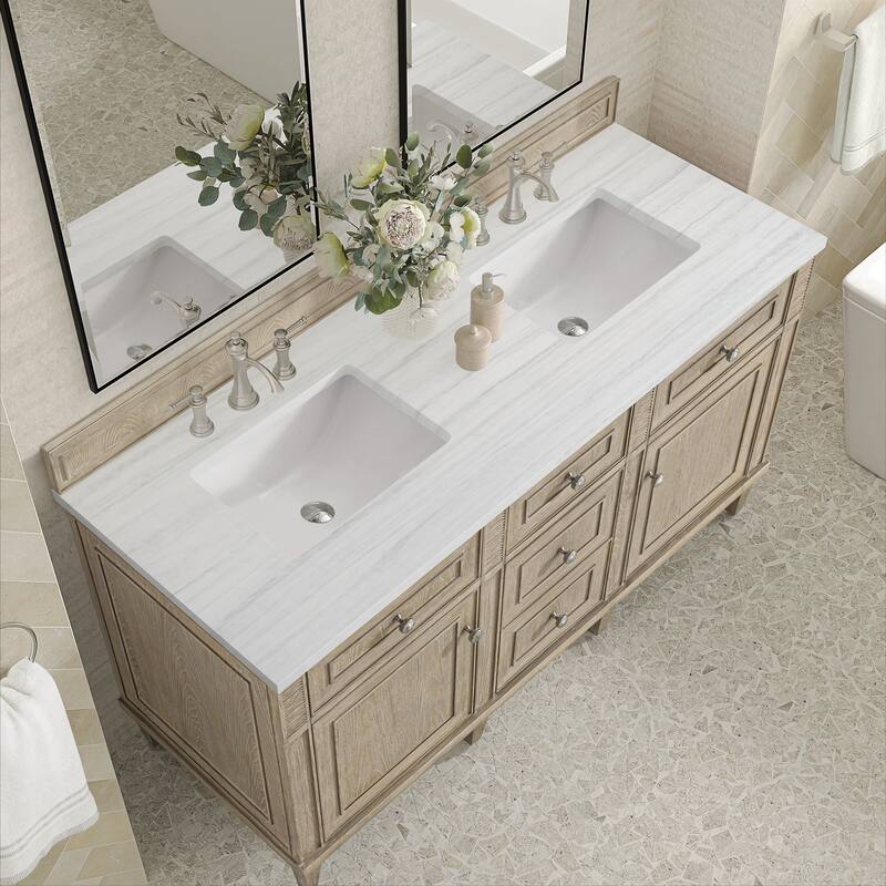 James Martin Vanities Lorelai 60" Double Vanity, Whitewashed Oak - Arctic Fall