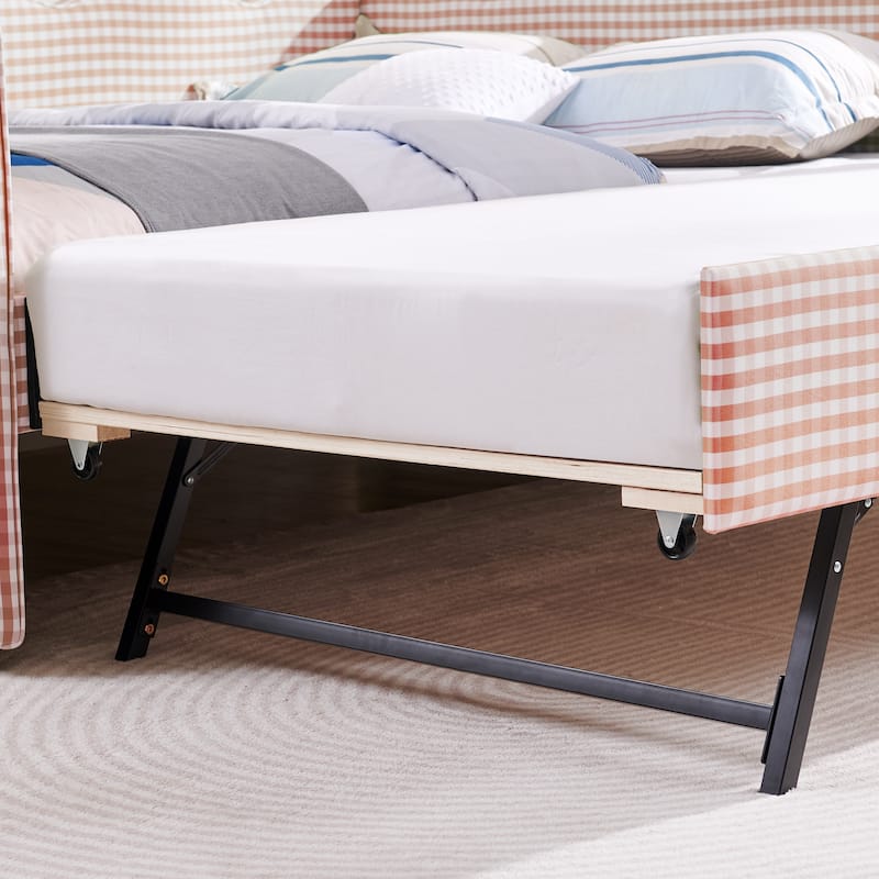 Full Size Gingham Daybed with Twin Trundle, USB Port, Wave Shaped Design & Linen Fabric - No Box Spring Needed