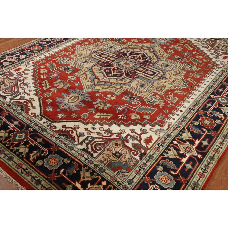 Medallion Heriz Serapi Indian Area Rug Hand-Knotted Wool Carpet - 7'11" x 9'10"
