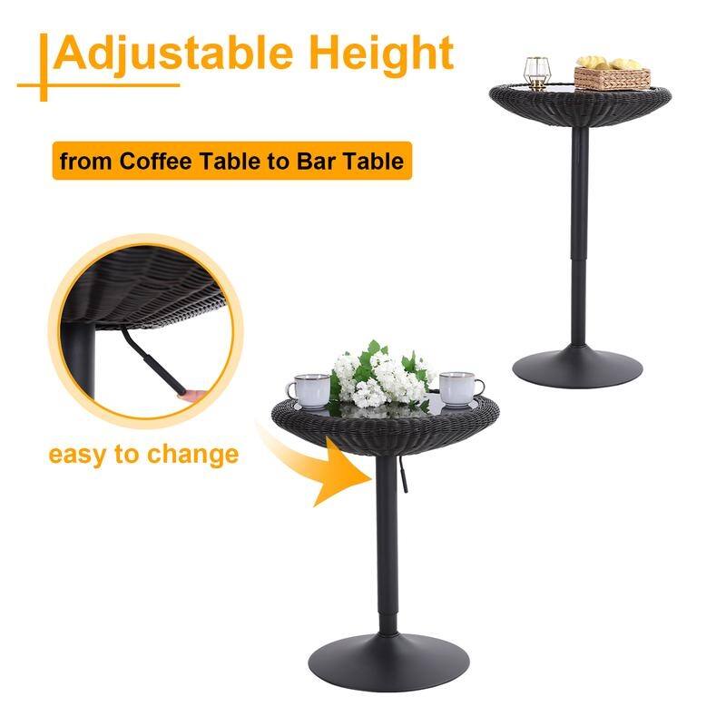 PHI VILLA Adjustable Rattan Pub Bar Table, Round Glass Table Top 29"-39"