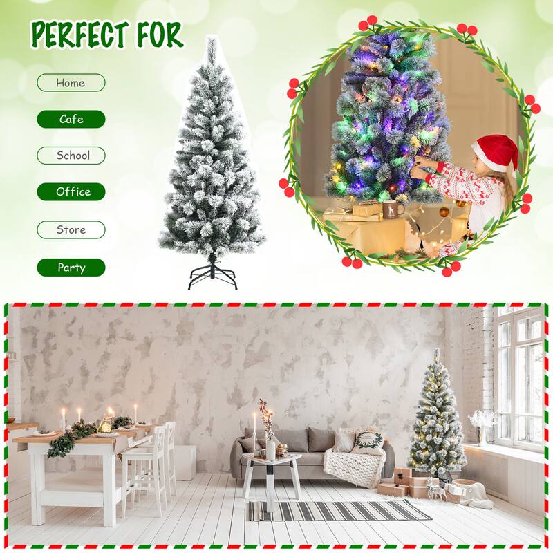 Gymax 5/6/7.5/8 ft Pre-lit Snow Flocked Artificial Christmas Tree w/