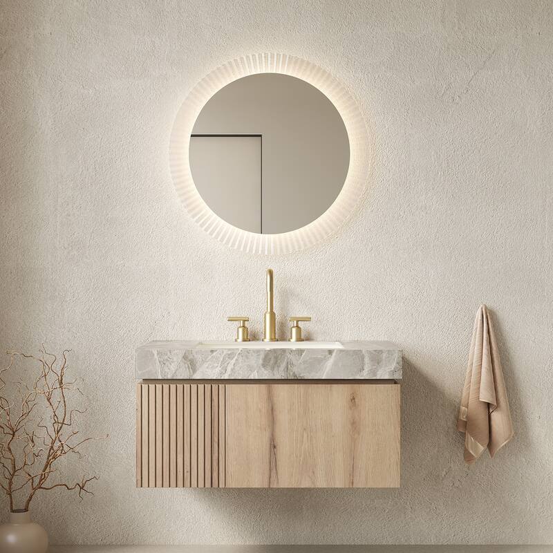 Floating Bathroom Vanity with Sintered Stone Top & Undermount Ceramic Basin with Three Pre-drilled Faucet Holes - 35.83'' x 18.9'' x 17.72'' - White Oak and Light Gray