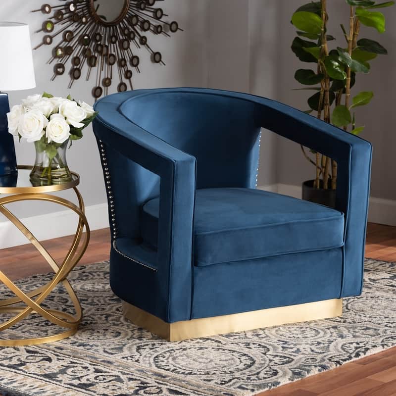 Neville Modern Luxe and Glam Navy Blue Velvet Fabric Upholstered and Gold Finished Metal Armchair - 28.70"H x 30.30"W x 31.10"D - Navy Blue 