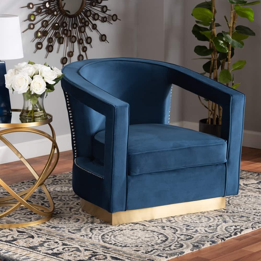 Neville Modern Luxe and Glam Navy Blue Velvet Fabric Upholstered and Gold Finished Metal Armchair - 28.70"H x 30.30"W x 31.10"D