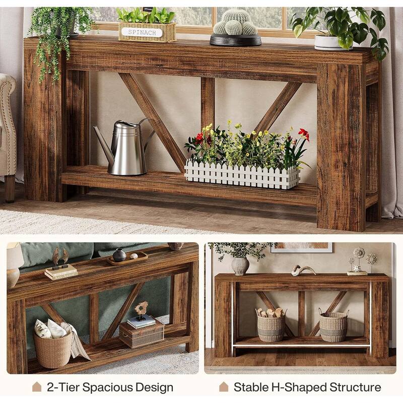 70.9 Inches Brown Engineered Wood Console Table, 2-Tier Behind Couch Sofa Table for Living Room