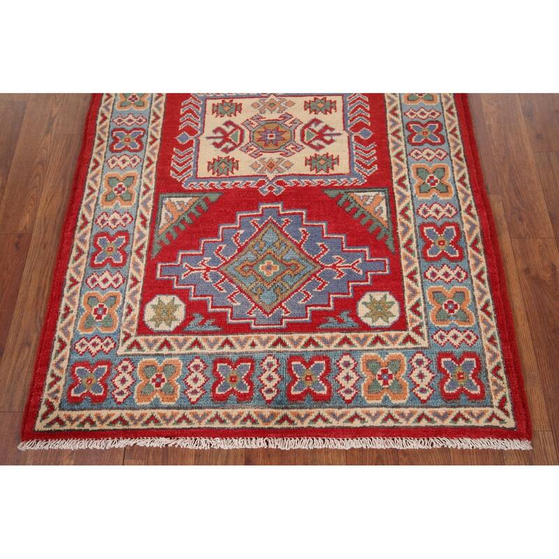 Geometric Red Kazak Accent Rug Handmade Red Wool Carpet - 2'9" x 4'1"