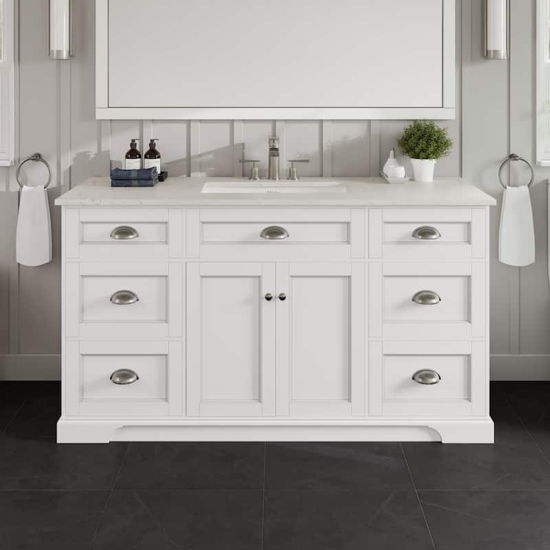 Epic 60"W SS Bath Vanity with Carrara Quartz Top & Undermount Sink
