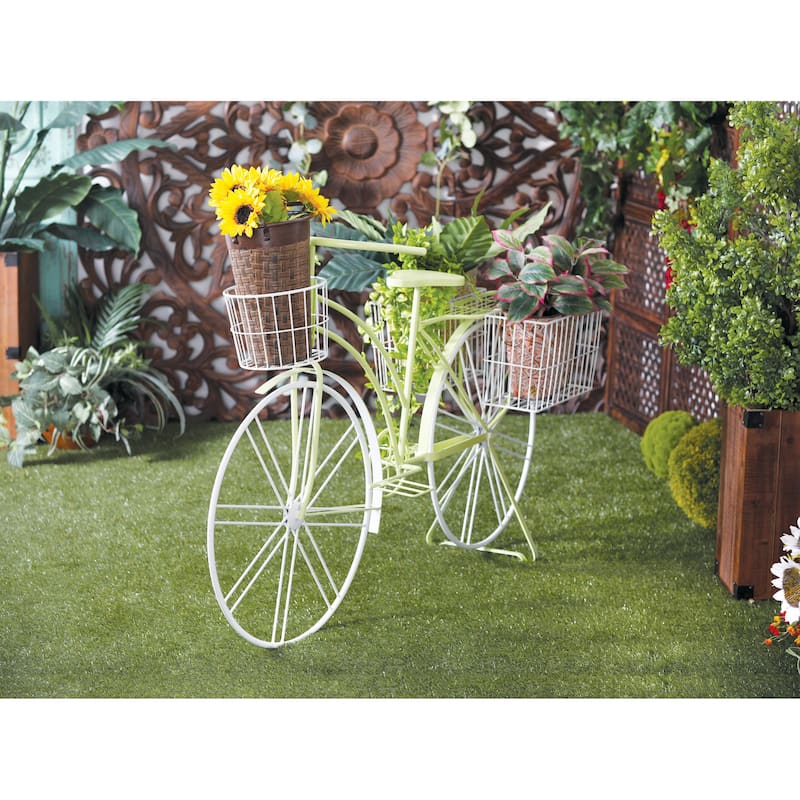 Metal Bike Indoor Outdoor Plantstand with Basket and Saddle Bag Planters - Green - Roche River Decor - 22"W x 63"L x 35"H