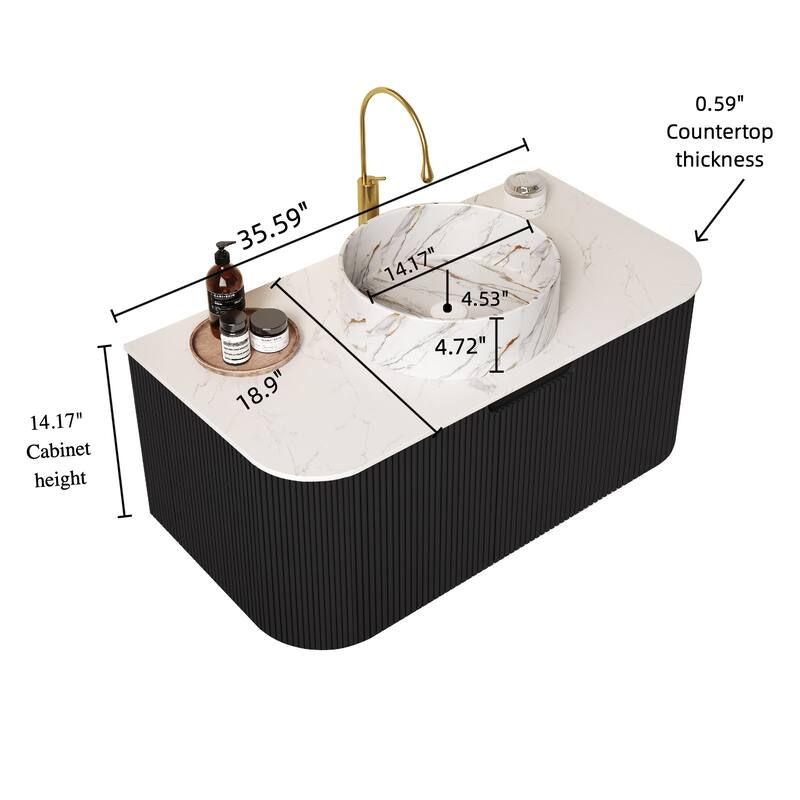 24 Inch/30 Inch/36 Inch Wall-Mounted Bathroom Vanity Cabinet with Counter Top Sink, Round Ceramic Basin with Stone Pattern
