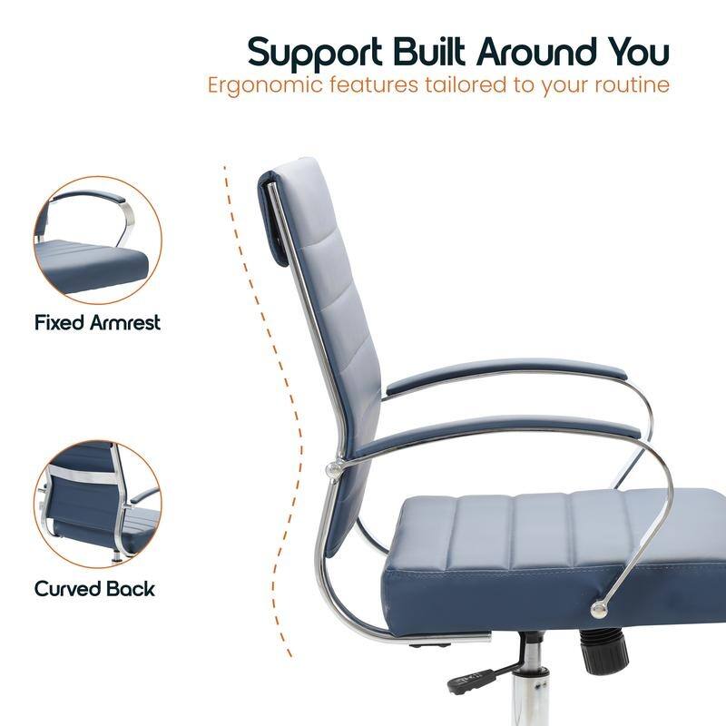Benmar Modern Leather Ribbed Executive Office Chair with Chrome Frame, Adjustable Height, 360° Swivel, and Rolling Casters