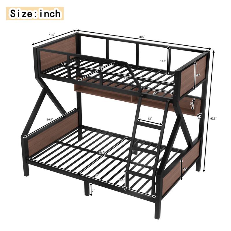 Twin XL over Queen Bunk Bed with Storage Shelves, Lights and Noise-Free Design