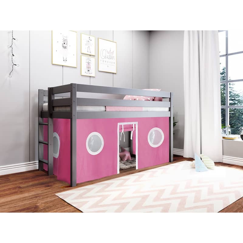 JACKPOT Contemporary Low Loft Twin Bed with End Ladder and Tent
