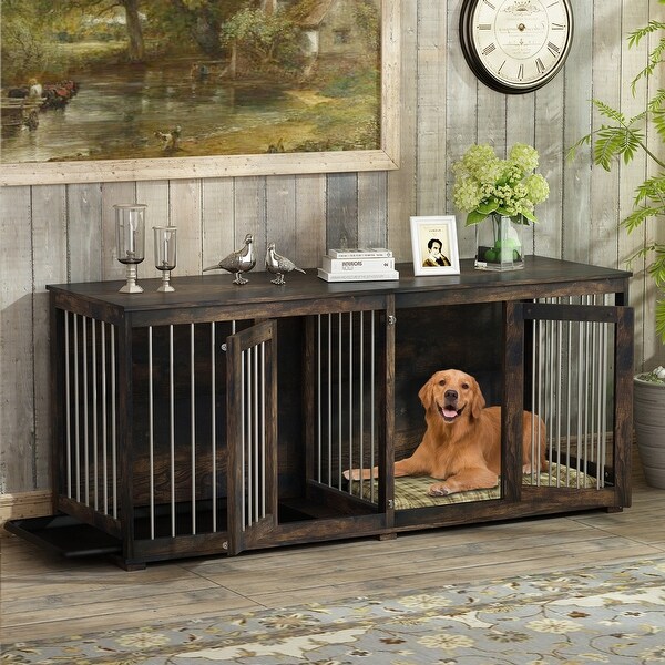 70'' W Dog Crate Furniture, Dog Kennel Furniture with Divider