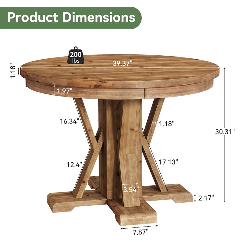 Solid Wood Dining Table, 39.4 Inch Small Round Pedestal Kitchen Table - 39.4" D x 39.4" W x 30.31"H