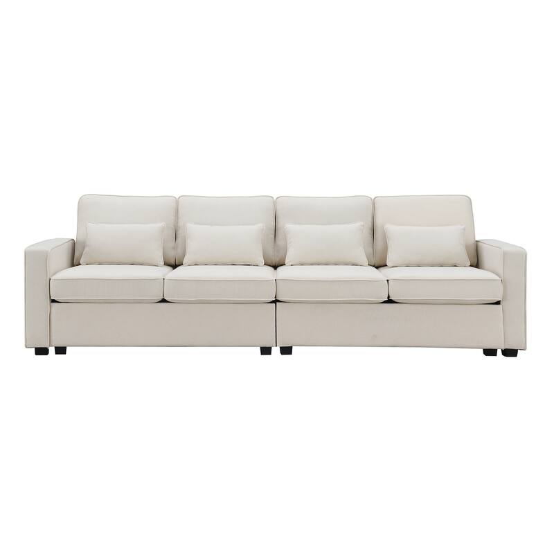 4-seat Linen Fabric Upholstered Sofa with Armrest Pockets & 4 Pillows
