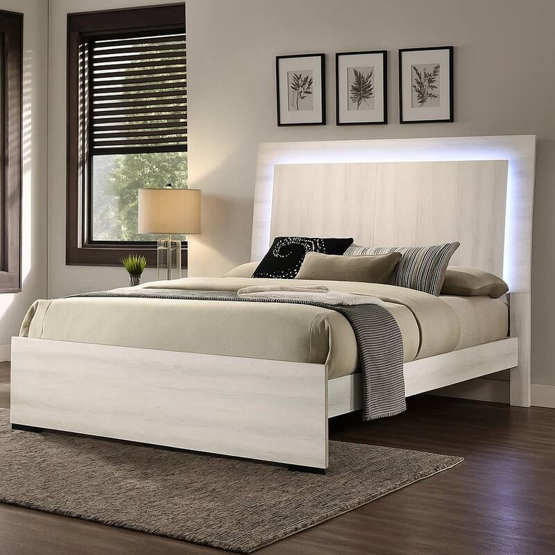 Hyao King Size Bed w LED Headboard, White Wash Paper Veneer
