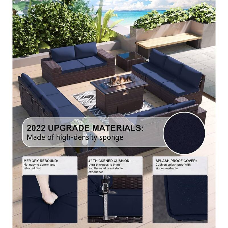 Delnavik 13 Pieces Outdoor Patio Furniture Set with Fire Pit Table w/ Wide Armrests