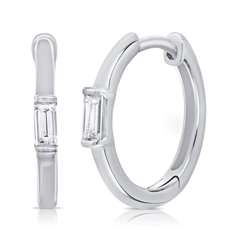 Joelle Collection Baguette Diamond 1/10 cttw. Huggie Small Hoops Earrings 14K Gold - White