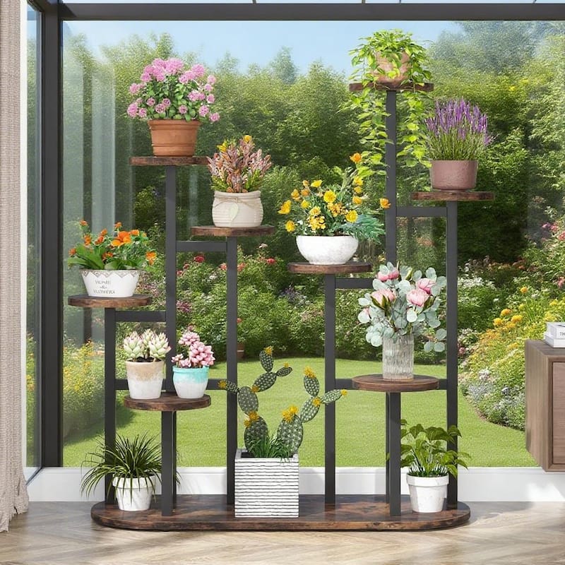 Black-Brown Metal Particleboard Multi-Tier Plant Stand for 11 Pots - 39.37” W x 43.3” H