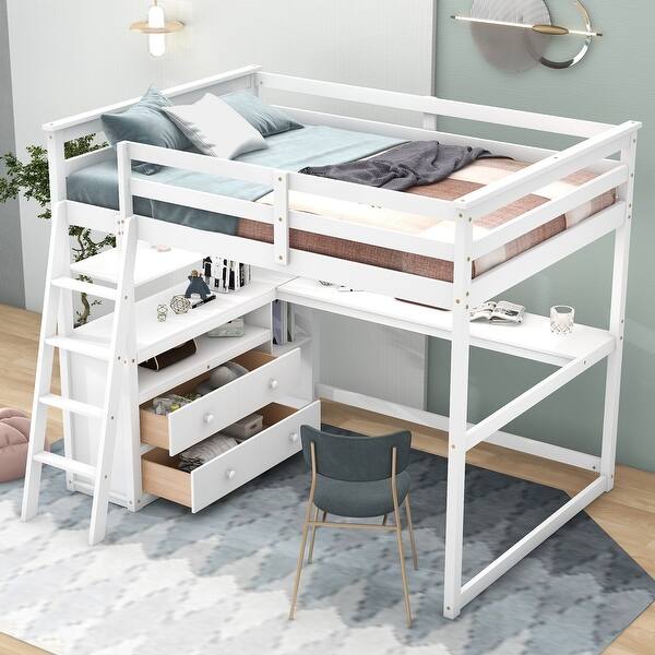 slide 2 of 32, Full Size Loft Bed w/Desk, Shelves, Guardrail, Wood Bedframe White
